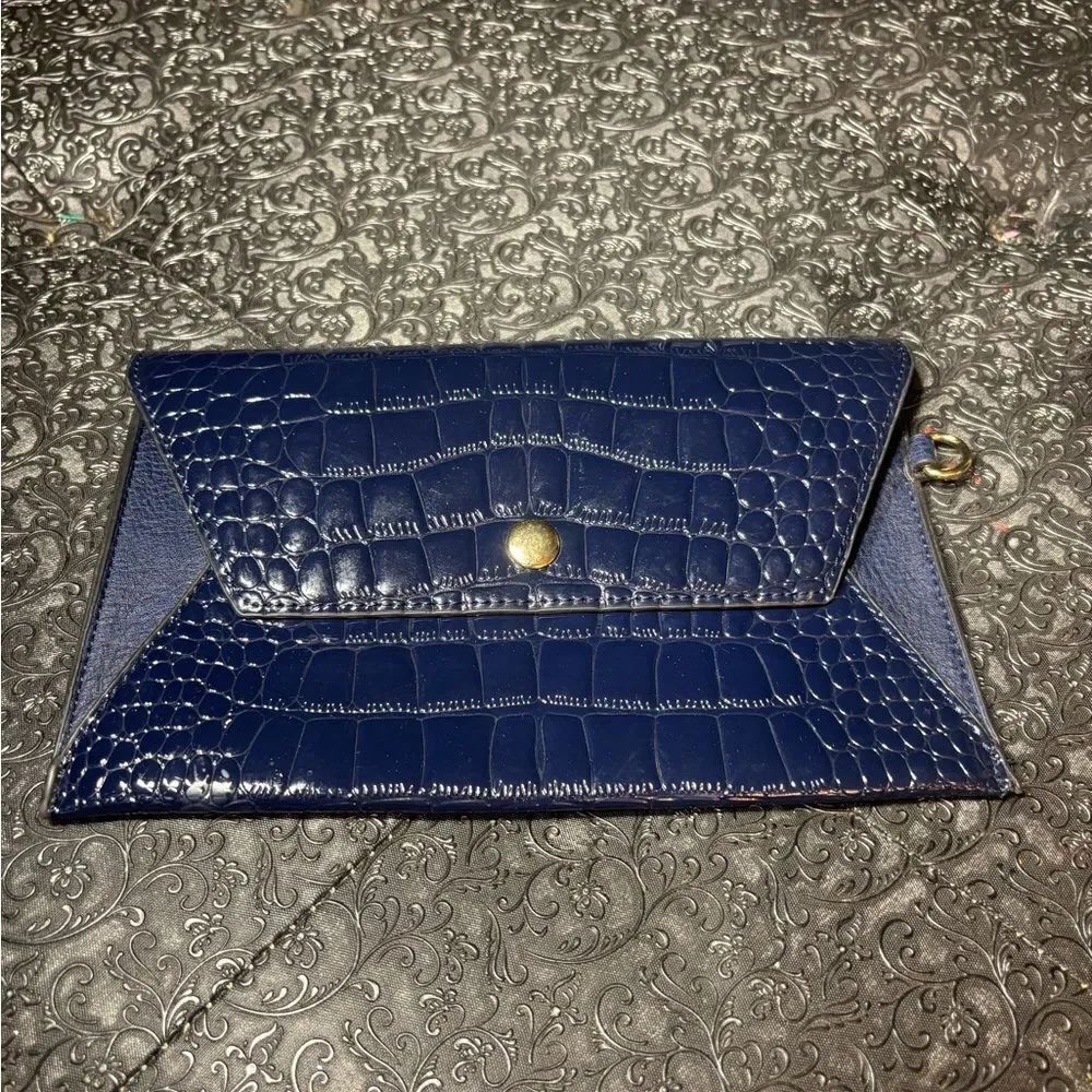 Navy Croc-Embossed Envelope Clutch NWOT